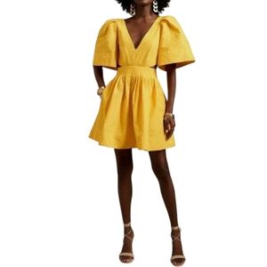 Nwot Banana Republic Yellow Oversized Puff Sleeves Deep V Neck Crop Out Dress